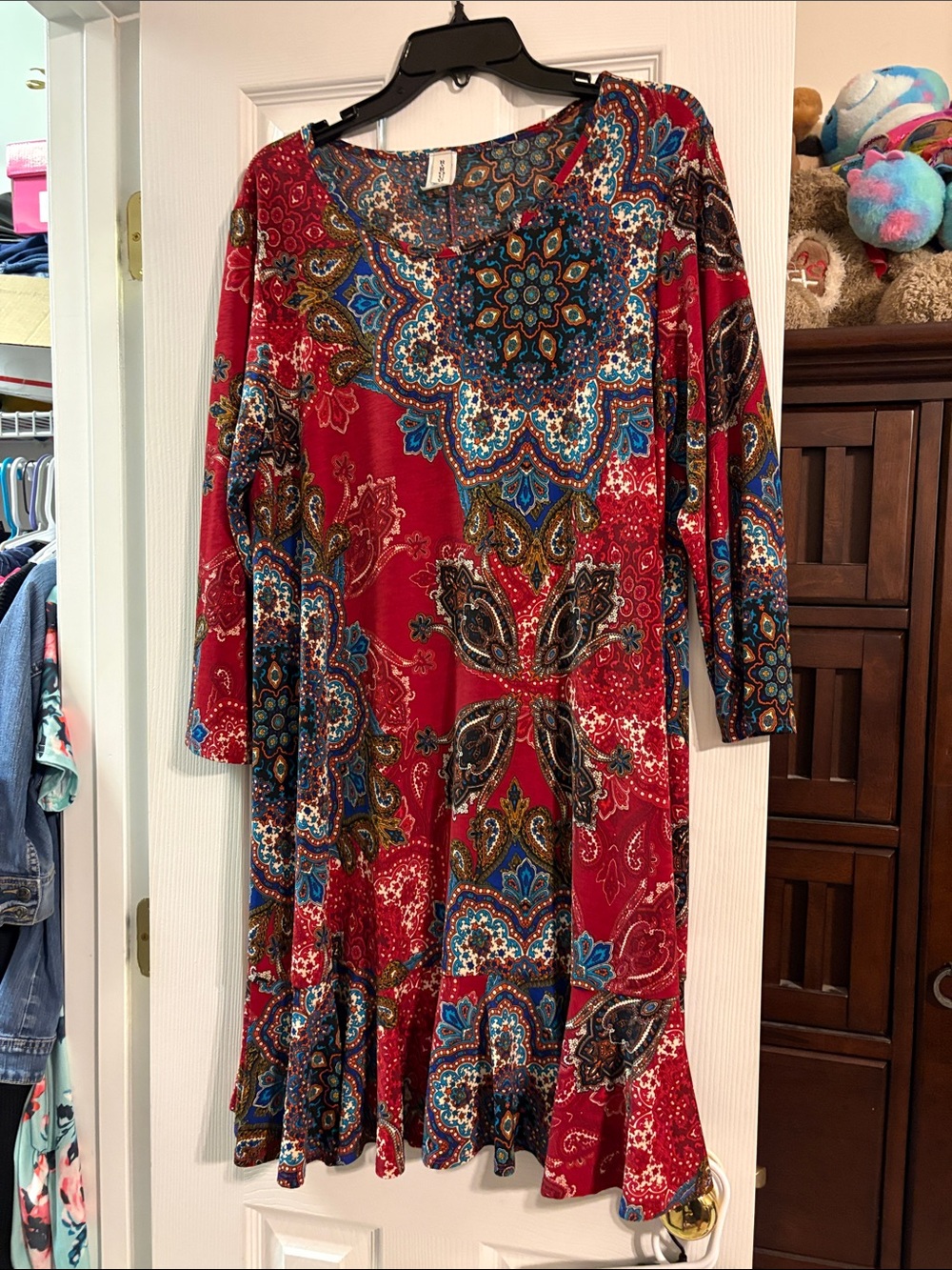 Rouge Helium Red Paisley Long Sleeve Swing Dress with Blue Accents
